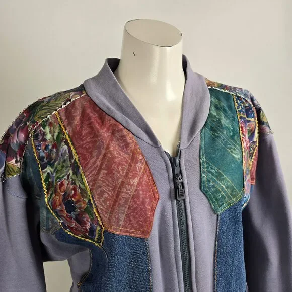 Vintage Handmade Denim Patchwork Zip Up Jacket Size L/XL - Picture 2 of 7